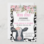 Invitation Vache sacrée aquarelle fleurs roses taches (Devant)