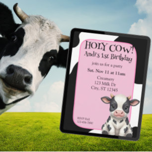Invitation Vache sacrée, rose, 1er anniversaire de la vache
