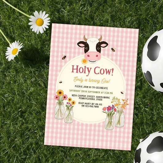 Invitation Vache Sainte Fleur rose Gingham Fille 1er Annivers