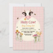 Invitation Vache Sainte Fleur rose Gingham Fille 1er Annivers (Devant)