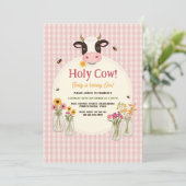 Invitation Vache Sainte Fleur rose Gingham Fille 1er Annivers (Debout devant)