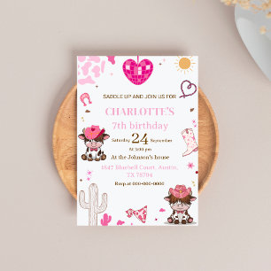 Invitation Vacheresse Rose Western Highland Cow Anniversaire