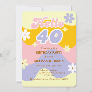 Invitation Vague Rétro Fleur Groovy Bon 40e Anniversaire