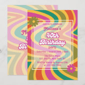 Invitation Vague rétro Super Fleur pourpre 40e anniversaire (Devant / Derrière)