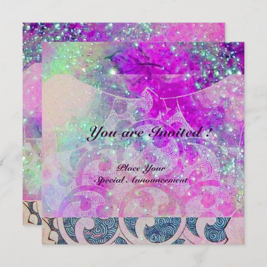 Invitation VAGUES ABSTRAITES Bleu, Mariage rose violet (Devant / Derrière)