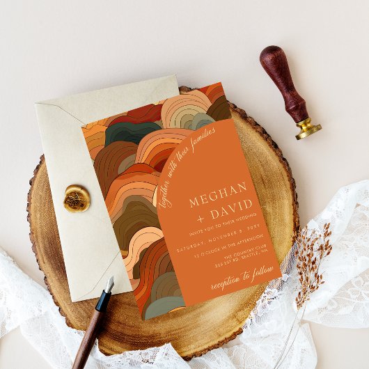 Invitation Vagues Abstraites rétro Mariage orange en terre cu