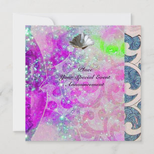 INVITATION VAGUES ABSTRAITES ROSE BLEU VIOLET COQUILLAGES, PA