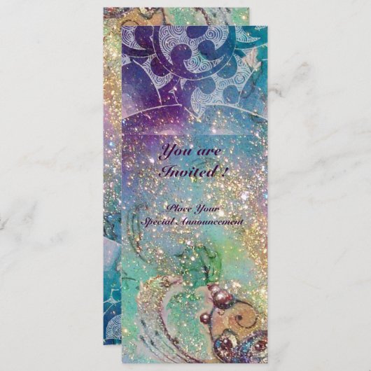 Invitation VAGUES , bleu violet vif or rose pailleté d'or (Devant / Derrière)