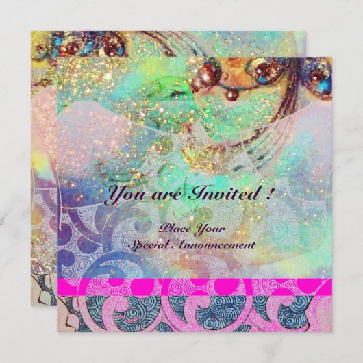 Invitation VAGUES , bleu violet vif vert rose or scintillant (Devant / Derrière)