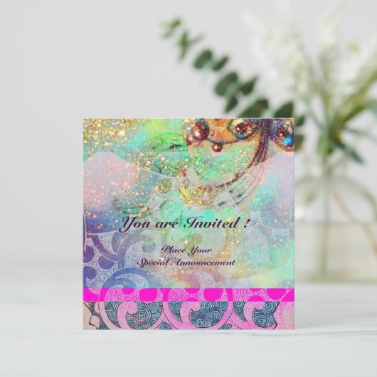 Invitation VAGUES , bleu violet vif vert rose or scintillant (Debout devant)