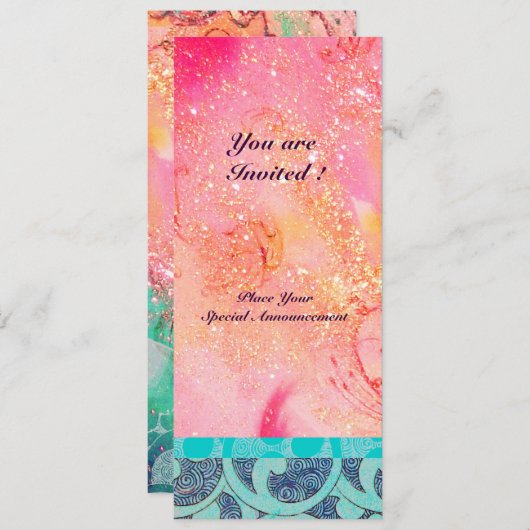 Invitation VAGUES, brillant bleu vert rose or scintillent (Devant / Derrière)