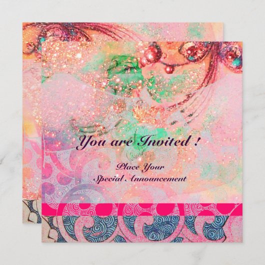 Invitation VAGUES, brillant violet bleu rose or scintille (Devant / Derrière)