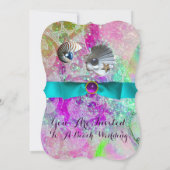 INVITATION VAGUES COQUILLES ROSE VIOLET ABSTRAITES ,RUBAN BLE (Dos)