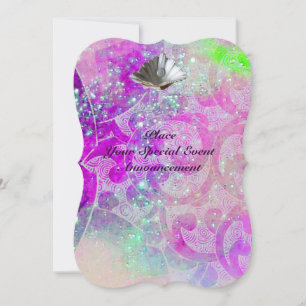 INVITATION VAGUES COQUILLES ROSE VIOLET ABSTRAITES ,RUBAN BLE