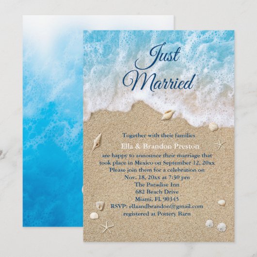 Invitation Vagues de la plage bleue juste mariés post mariage (Devant / Derrière)