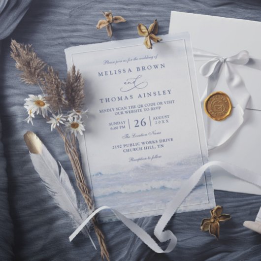 Invitation Vagues de l'océan Bleu Blanc Mariage Code QR Aquar