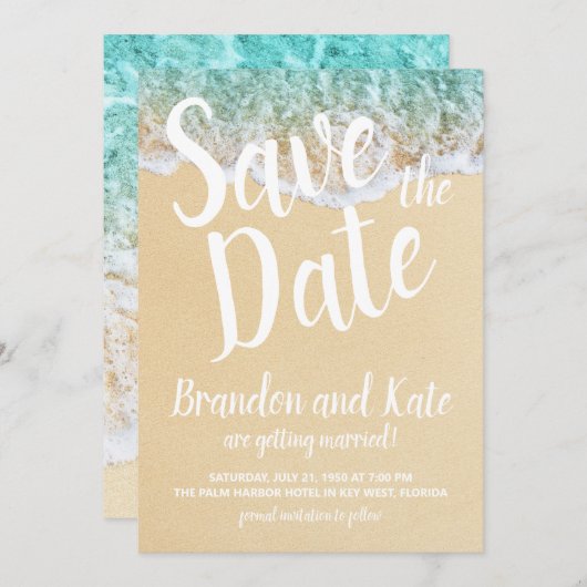 Invitation Vagues de plage et sable sauvez la date (Devant / Derrière)