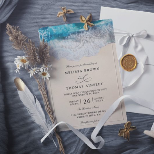 Invitation Vagues d'océan bleu Plage tropicale Code QR Mariag