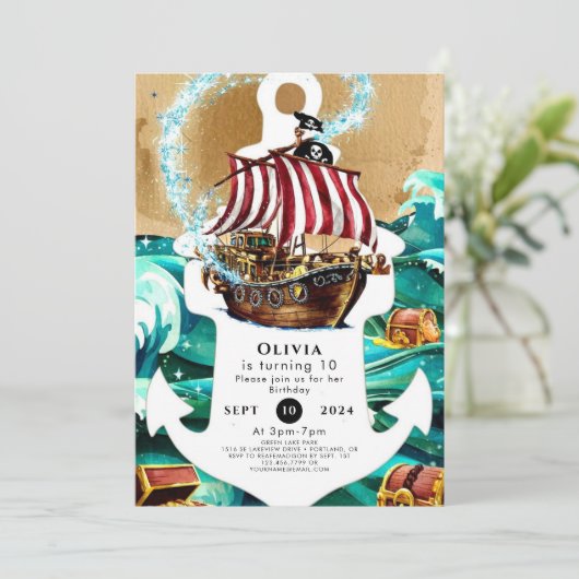 Invitation Vagues Enchantées simples Pirate Anniversaire (Debout devant)