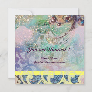 Invitation VAGUES , jaune bleu rose doré scintillant