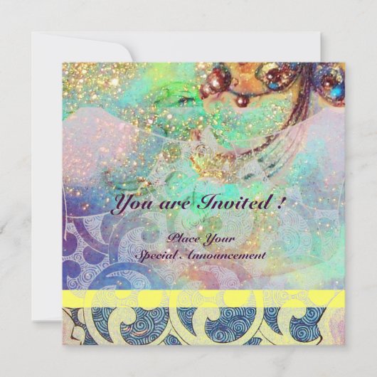 Invitation VAGUES , jaune bleu vert rose or brillant (Devant)