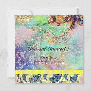 Invitation VAGUES , jaune bleu vert rose or brillant