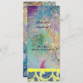 Invitation VAGUES , jaunes bleus roses dorés scintillants (Devant / Derrière)