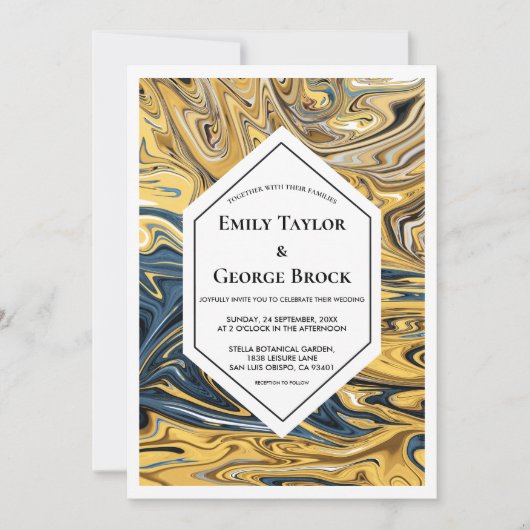 Invitation Vagues minimales en noir et or Mariage d'art Abstr (Devant)