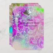 INVITATION VAGUES ROSE VIOLET, HIPPOCAMPES,COQUILLAGES,RUBAN  (Devant / Derrière)