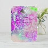 INVITATION VAGUES ROSE VIOLET, HIPPOCAMPES, COQUILLES, RUBAN  (Debout devant)