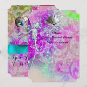 INVITATION VAGUES ROSE VIOLET, HIPPOCAMPES, COQUILLES, RUBAN  (Devant / Derrière)