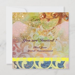 Invitation VAGUES , rouge brun jaune bleu rose étincelles