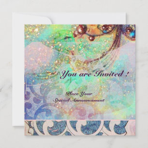 Invitation VAGUES , rouge vif bleu vert rose doré scintille