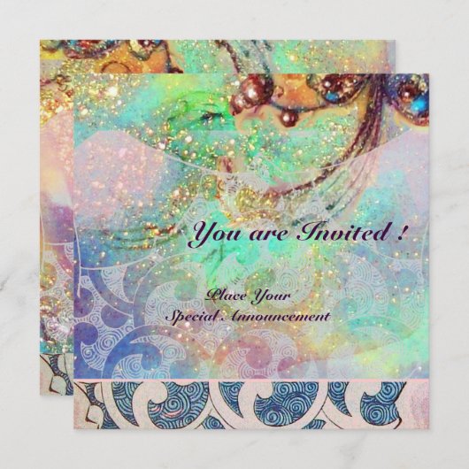 Invitation VAGUES, rouge vif bleu vert rose or scintillent (Devant / Derrière)