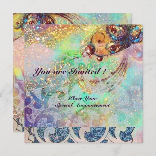 Invitation VAGUES, rouge vif vert bleu rose or scintille (Devant / Derrière)