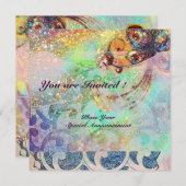 Invitation VAGUES RUBIS, rouge vif bleu rose or étincelles (Devant / Derrière)