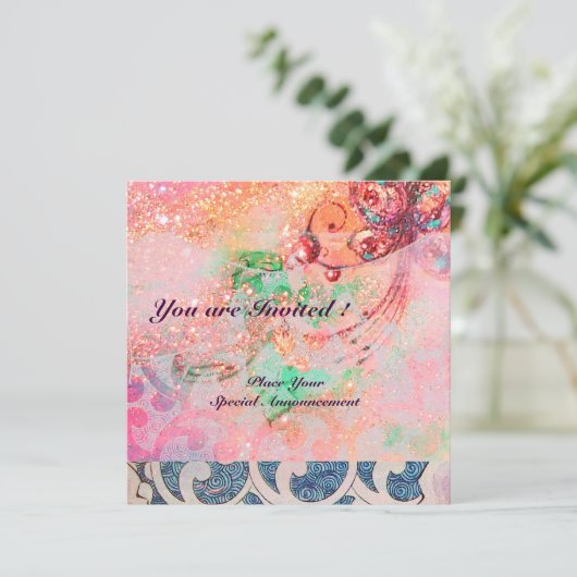 Invitation VAGUES RUBY, rouge vif bleu rose or scintille (Debout devant)