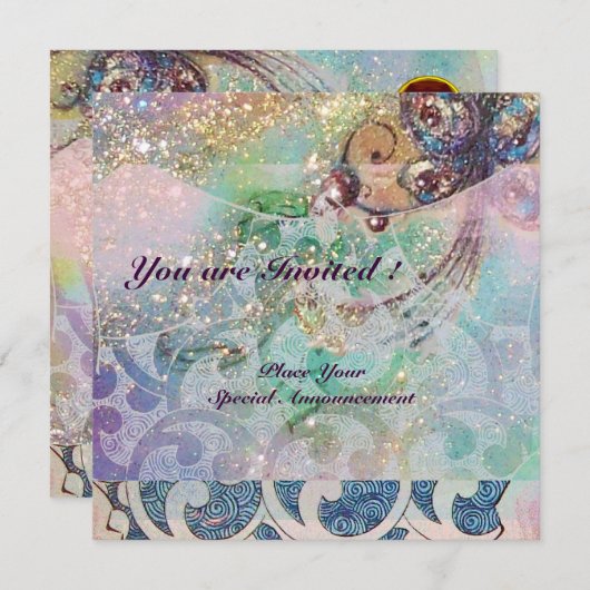 Invitation VAGUES RUBY, rouge vif bleu rose or scintille (Devant / Derrière)