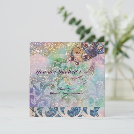 Invitation VAGUES RUBY, rouge vif bleu rose or scintille (Debout devant)