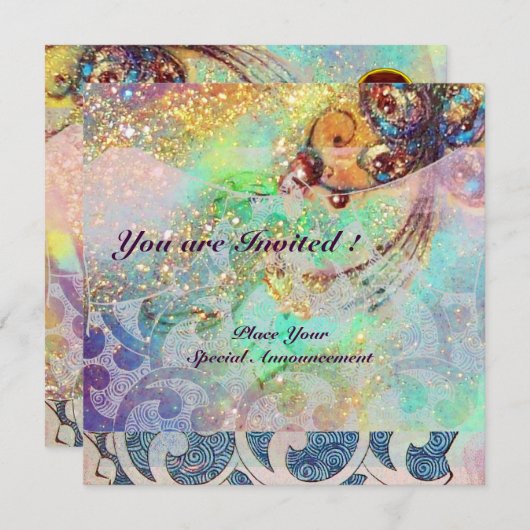 Invitation VAGUES RUBY, rouge vif bleu rose or scintille (Devant / Derrière)