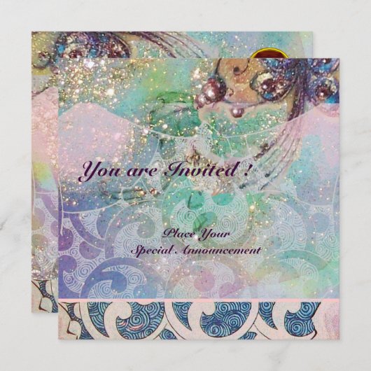 Invitation VAGUES RUBY, rouge vif bleu rose or scintille (Devant / Derrière)