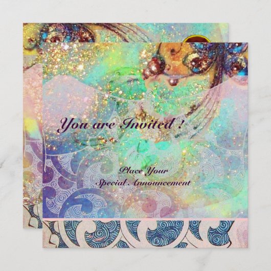 Invitation VAGUES RUBY, rouge vif bleu rose or scintille (Devant / Derrière)