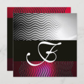 Invitation VAGUES STYLÉES MONOGRAMME, Argent Rouge Rubis Bour (Devant / Derrière)