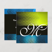 Invitation VAGUES STYLÉES MONOGRAMME, bleu saphir jaune (Devant / Derrière)
