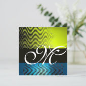Invitation VAGUES STYLÉES MONOGRAMME, bleu saphir jaune (Debout devant)