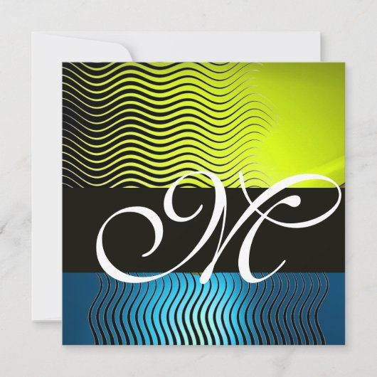 Invitation VAGUES STYLÉES MONOGRAMME, bleu saphir jaune (Devant)
