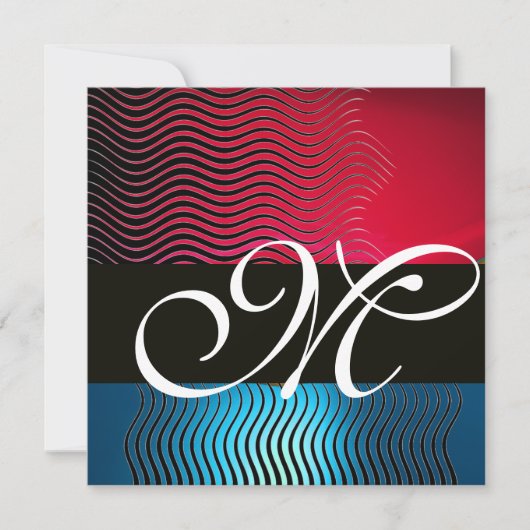 Invitation VAGUES STYLÉES MONOGRAMME,Bleu Saphir,Rouge Bourgo (Devant)