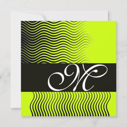 Invitation VAGUES STYLÉES MONOGRAMME, noir et blanc, jaune (Devant)