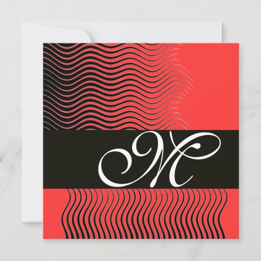 Invitation VAGUES STYLÉES MONOGRAMME, noir et blanc, rouge (Devant)