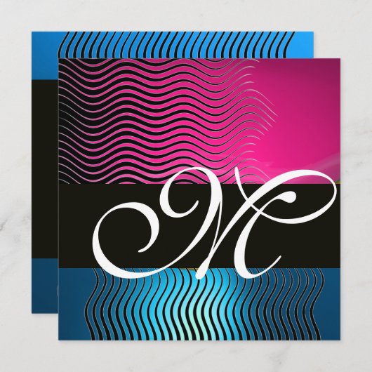 Invitation VAGUES STYLÉES MONOGRAMME, rose, saphir bleu (Devant / Derrière)